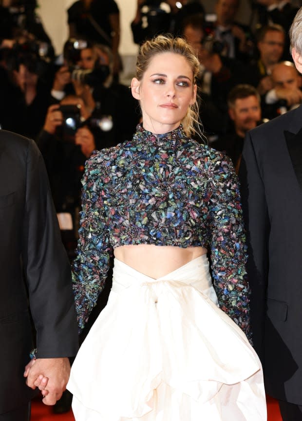 Kristen Stewart at the 2022 Cannes Film Festival, wearing a Chanel Haute Couture top featuring embellishments by Maison Lemarié. <p>Photo: Andreas Rentz/Getty Images</p>