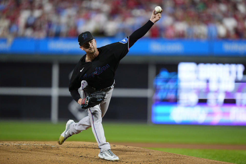 Miami Marlins' Braxton Garrett pitches to a Philadelphia Phillies batter during the first inning of Game 2 of an NL wild-card baseball playoff series Wednesday, Oct. 4, 2023, in Philadelphia. (AP Photo/Matt Rourke)