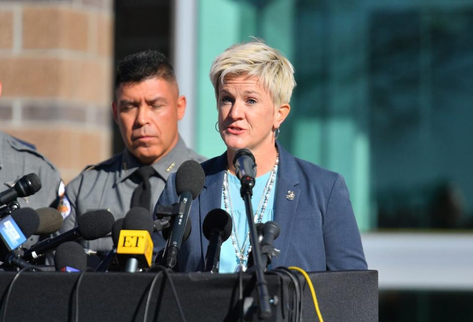 First Judicial District Attorney Mary Carmack-Altwies for the state of New Mexico speaks during a press conference at the Santa Fe County Public Safety Building to update members of the media on the shooting accident on the set of the movie 