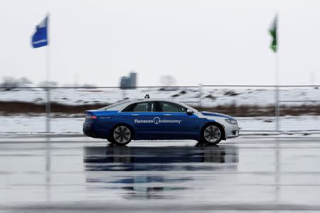 A self-driving car drives during a demonstration at the Renesas Electronics autonomous vehicle test track in Stratford, Ontario, Canada, March 7, 2018. REUTERS/Mark Blinch