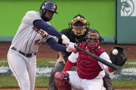 Houston Astros' Yordan Alvarez hits a home run against the Boston Red Sox during the second inning in Game 5 of baseball's American League Championship Series Wednesday, Oct. 20, 2021, in Boston. (AP Photo/Robert F. Bukaty)