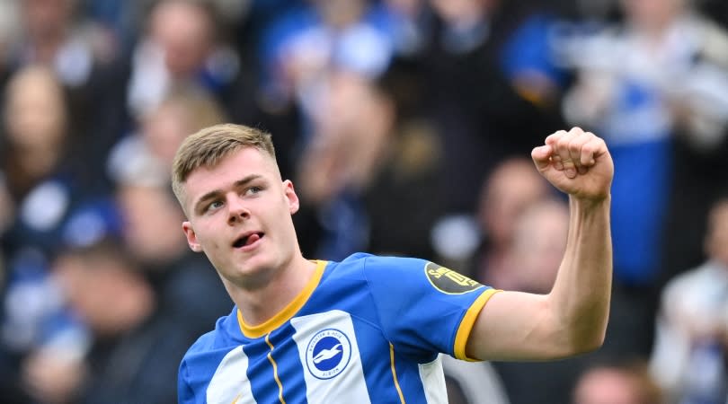   Brighton striker Evan Ferguson celebrates one of his two goals in the 5-0 win over Grimsby in the FA Cup in March 2023. 