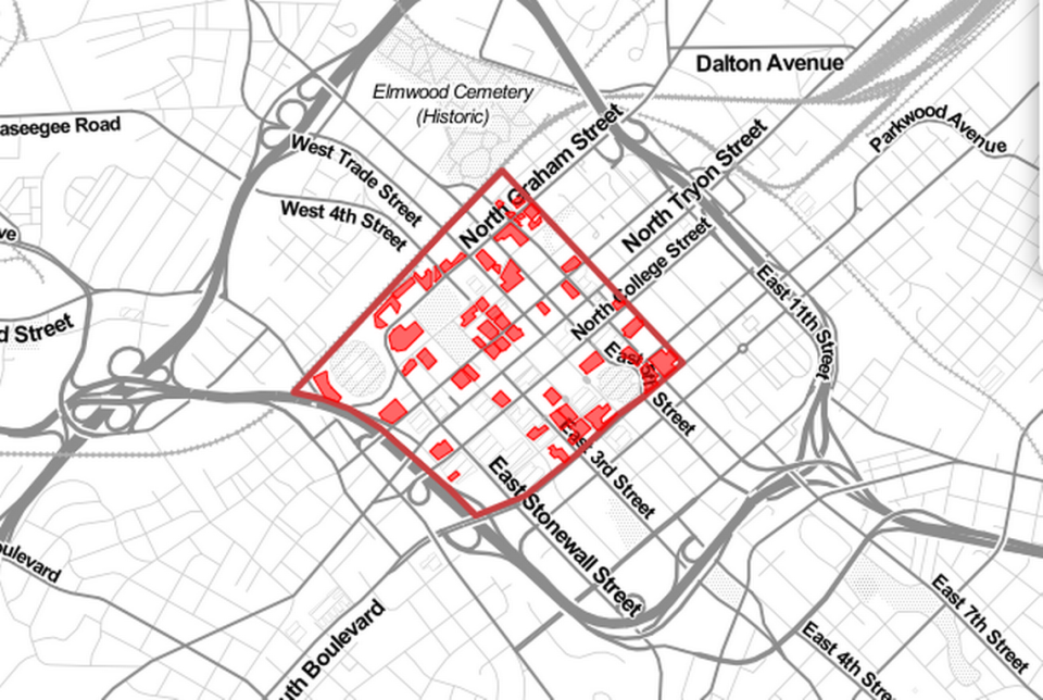 The red outlines on the map show parts of uptown Charlotte that are dedicated to parking. The map was created by the Parking Reform Network, a nonprofit that seeks to educate municipalities about how parking mandates tied to new development and land uses can be a detriment to walkability and create other barriers.