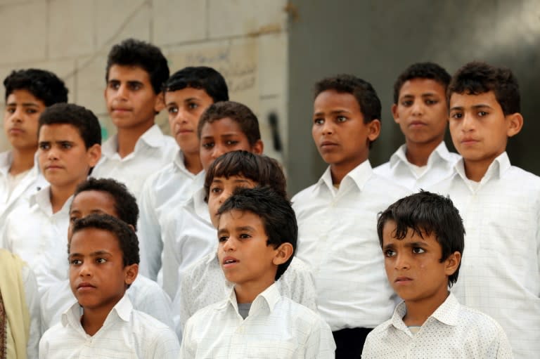 Yemeni children, formerly Huthi fighters, are pictured outside a rehabilitation centre at a school in Marib province