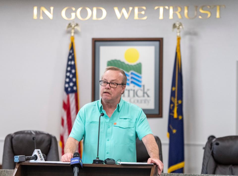 Warrick County Commissioner Robert Johnson introduces the new Animal Control director David Ruckoldt during a press conference Thursday afternoon, Feb. 1, 2024.