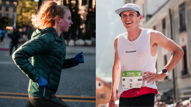 Left: Tabor warming up before the Mammoth Trail Fest; right: Eli after finishing second at the Mont Blanc Marathon in Chamonix, France. (Photo: Adventure Bakery/Salomon)