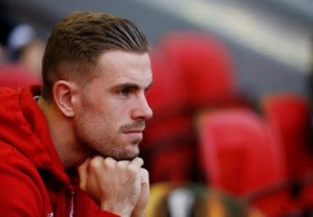 Britain Football Soccer - Liverpool v Villarreal - UEFA Europa League Semi Final Second Leg - Anfield, Liverpool, England - 5/5/16 Liverpool's Jordan Henderson watches from the bench Reuters / Phil Noble Livepic