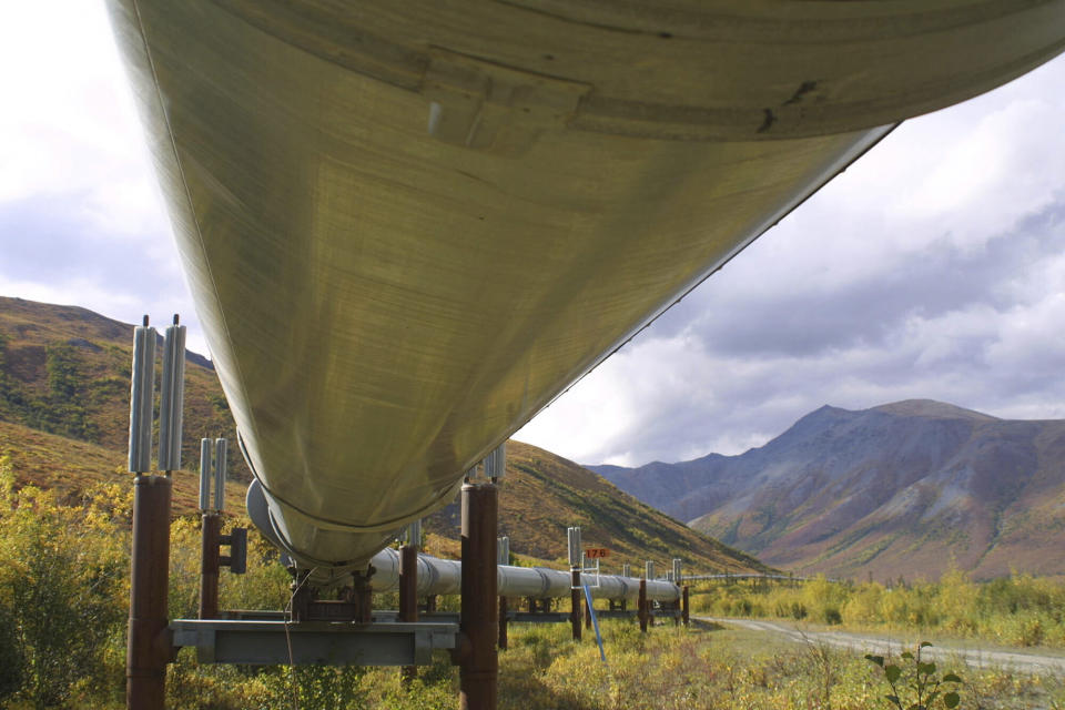 FILE - In this undated file photo showing the 800-mile Trans-Alaska pipeline that feeds 950,000 barrels of oil a day to the West Coast snakes it way across the tundra north of Fairbanks, Alaska. BP, a major player on Alaska's North Slope for decades, is selling all of its assets in the state, the company announced Tuesday, Aug. 27, 2019. Hilcorp Alaska is purchasing BP interests in both the Prudhoe Bay oil field and the trans-Alaska pipeline for $5.6 billion, BP announced in a release. (AP Photo/Al Grillo, File)