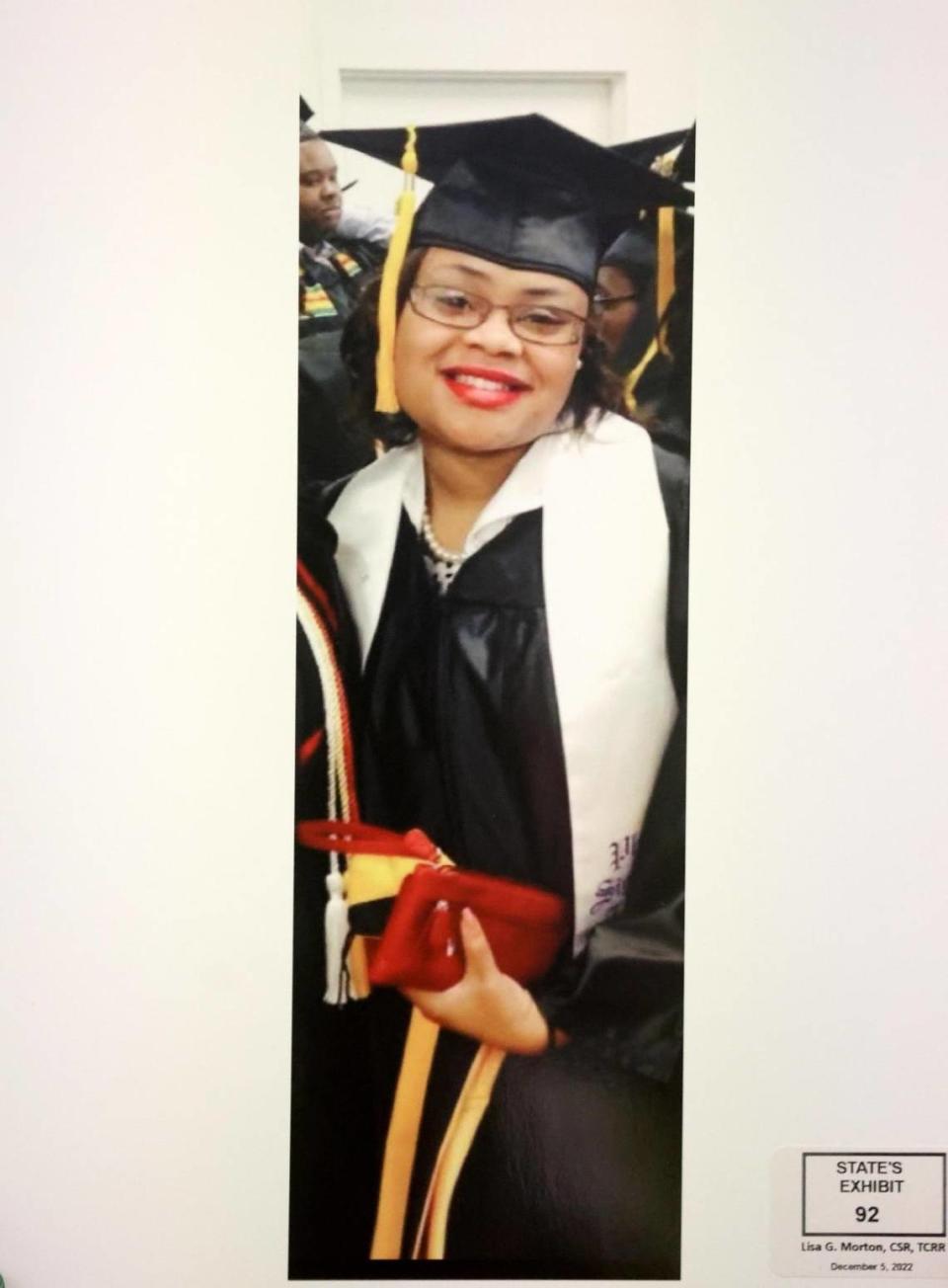 A photograph of Atatiana Jefferson during her graduation from Xavier University was submitted as evidence during Ashley Carr’s testimony on Wednesday, December 7, 2022, in Fort Worth.