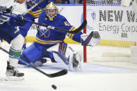 Buffalo Sabres goalie Craig Anderson (41) watches the puck during the second period of the team's NHL hockey game against the Vancouver Canucks, Tuesday, Oct. 19, 2021, in Buffalo, N.Y. (AP Photo/Jeffrey T. Barnes)