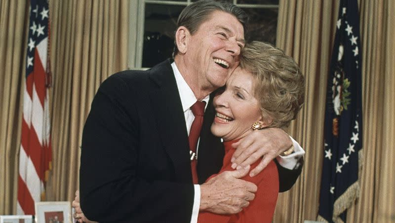 President Ronald Reagan embraces first lady Nancy Reagan Jan. 30, 1984, in Washington, D.C. Former President Donald Trump dedicated Wednesday’s campaign fundraising email to his wife, Melania.