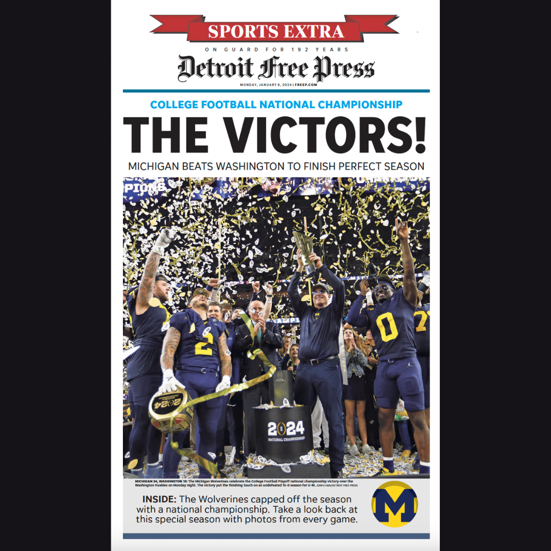 The cover of the Detroit Free Press' 4-page stadium section for the Michigan Wolverines' national championship.
