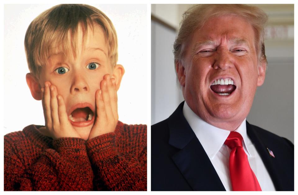 "Home Alone" star Macaulay Culkin, left, and former president Donald Trump.