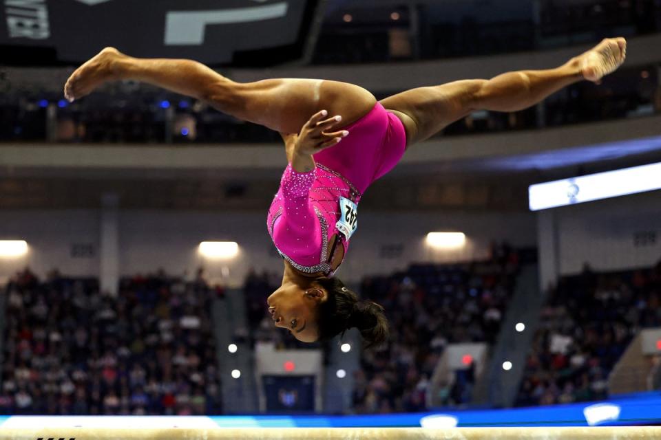 US gymnast Simone Biles competes in the balance beam event during the Core Hydration Classic (AFP via Getty Images)