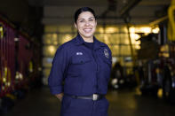 Firefighter paramedic Sally Ortega of Los Angeles County Fire Department - Station 106 poses for a photo at her station Friday, Feb. 26, 2021, in Rancho Palos Verdes, Calif, a suburb of Los Angeles. She was among first responders at the scene of a vehicle crash involving golfer Tiger Woods on Tuesday. (AP Photo/Ashley Landis)
