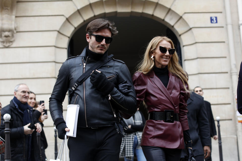 Singer Celine Dion and Pepe Munoz are seen leaving the GIVENCHY office building on Avenue George V on January 24, 2019 in Paris, France.  (Photo by Mehdi Taamallah/NurPhoto via Getty Images)