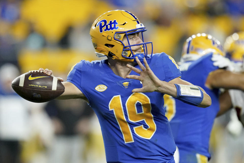 Pittsburgh quarterback Nate Yarnell (19) looks to pass the ball during the second half of an NCAA college football game against Boston College, Thursday, Nov. 16, 2023, in Pittsburgh. (AP Photo/Matt Freed)