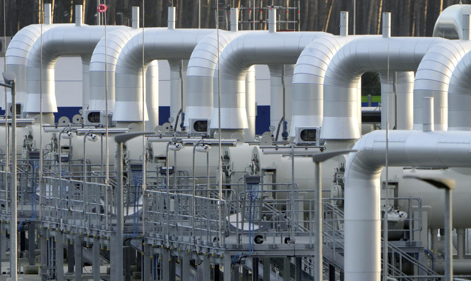 FILE - Pipes at the landfall facilities of the 'Nord Stream 2' gas pipline are pictured in Lubmin, northern Germany, Tuesday, Feb. 15, 2022. It's not a summer heat wave that's making European leaders and businesses sweat. It's fear that Russia's manipulation of natural gas supplies will lead to an economic and political crisis next winter. Or, in the worst case, even sooner. (AP Photo/Michael Sohn, File)