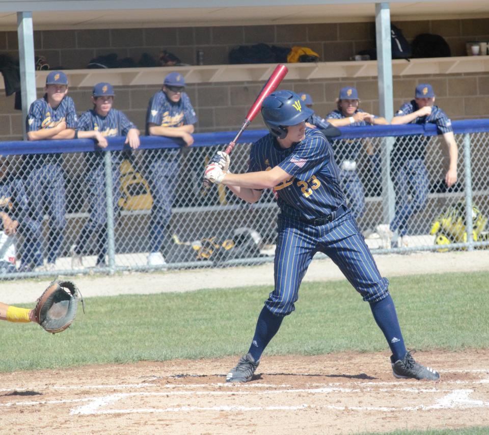 Gaylord's Luke Enders starts to swing at a pitch during the Region 2 district semifinal on Saturday, June 4 at Joe Turcott in Petoskey, Mich.