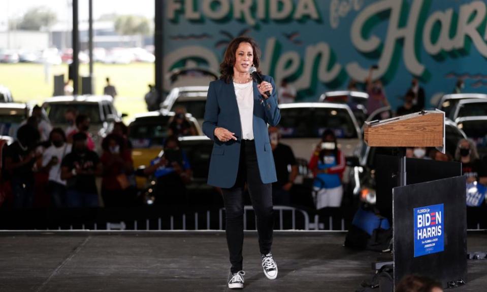 Kamala Harris speaks during an early voting mobilisation event at the Central Florida Fairgrounds