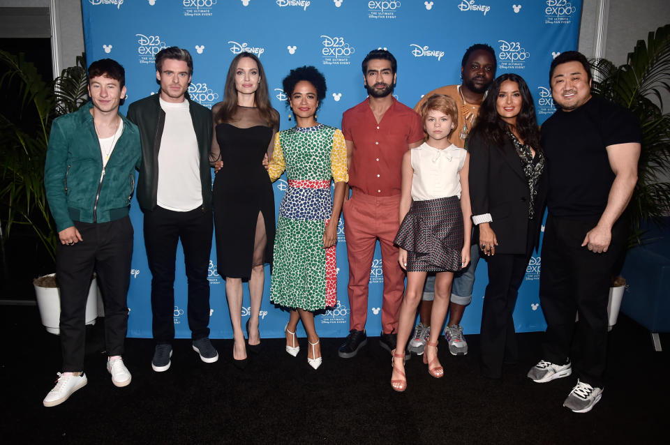 ANAHEIM, CALIFORNIA - AUGUST 24: (L-R) Barry Keoghan, Richard Madden, Angelina Jolie, Lauren Ridloff, Kumail Nanjiani, Lia McHugh, Brian Tyree Henry, Salma Hayek, and Don Lee of 'The Eternals' took part today in the Walt Disney Studios presentation at Disney’s D23 EXPO 2019 in Anaheim, Calif.  'The Eternals' will be released in U.S. theaters on November 6, 2020. (Photo by Alberto E. Rodriguez/Getty Images for Disney)