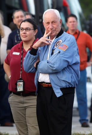 Former Apollo astronaut Al Worden arrives at the VIP viewing site for launch of the Ares I-X test rocket at the Kennedy Space Center in Cape Canaveral