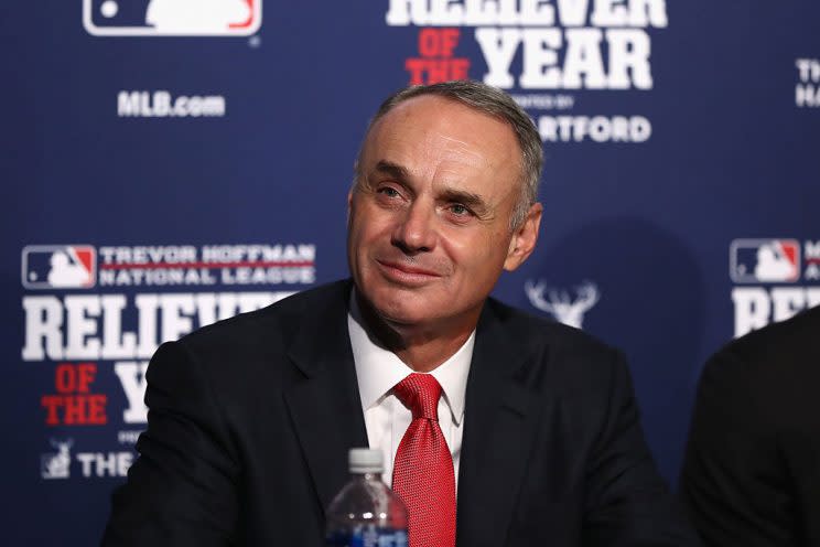 CHICAGO, IL - OCTOBER 29: MLB Commissioner Rob Manfred attends a ceremony naming the 2016 winners of the Mariano Rivera American League Reliever of the Year Award and the Trevor Hoffman National League Reliever of the Year Award before Game Four of the 2016 World Series between the Chicago Cubs and the Cleveland Indians at Wrigley Field on October 29, 2016 in Chicago, Illinois. (Photo by Elsa/Getty Images)