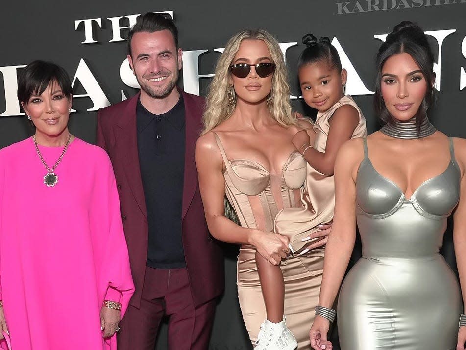 Kris Jenner, Ben Winston, Khloé Kardashian, True Thompson, and Kim Kardashian West at "The Kardashians" Hulu premiere.