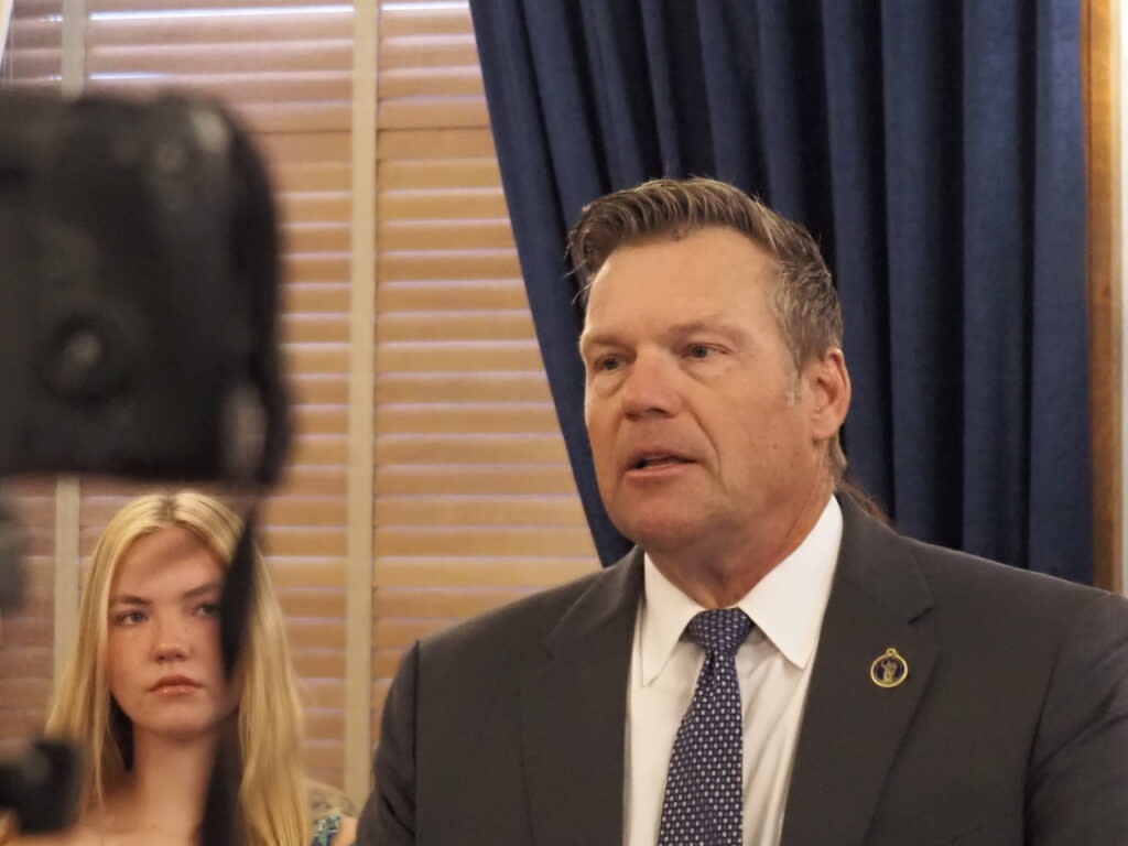 Kansas Attorney General Kris Kobach announces at a May 14, 2024, news conference at the Statehouse his plan to sue President Joe Biden's administration over federal changes in Title IX rules.