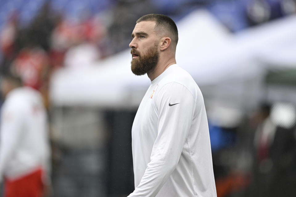 Kansas City Chiefs tight end Travis Kelce looks on during pre-game warm-ups before the AFC Championship NFL football game against the Baltimore Ravens, in Baltimore, Sunday, Jan. 28, 2024 (AP Photo/Terrance Williams)