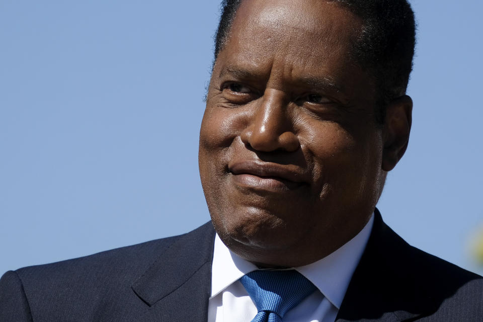 Republican conservative radio show host Larry Elder speaks at a rally for the California gubernatorial recall election on Monday, Sept. 13, 2021, in Monterey Park, Calif. (AP Photo/Ringo H.W. Chiu)