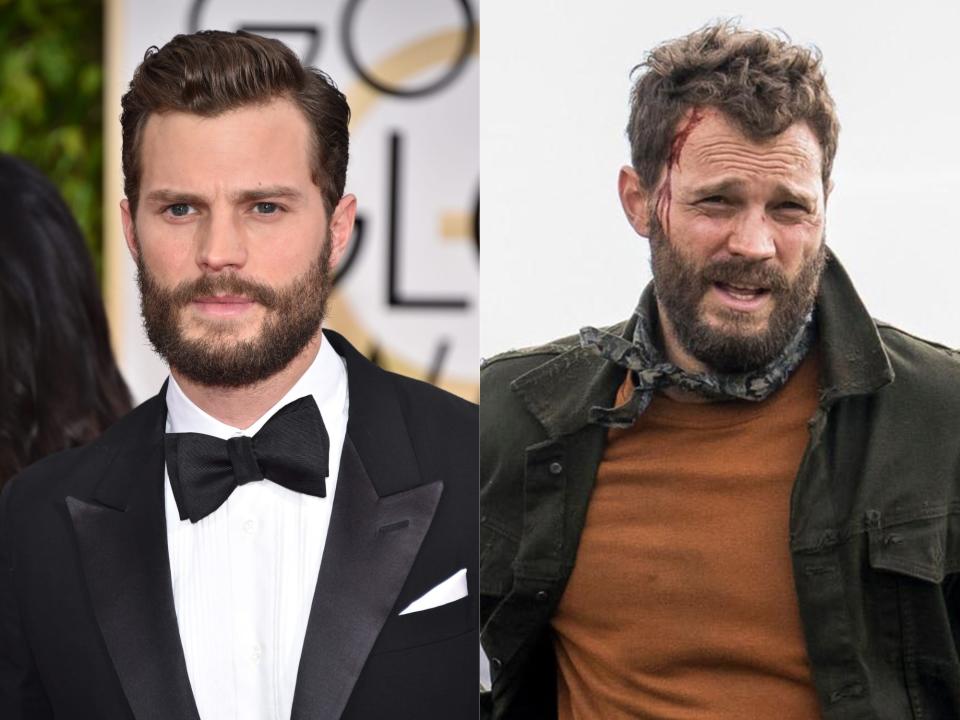 left: jamie dornan in a tuxedo; right: jamie dornan as the man in the tourist, a streak of blood running down his temple
