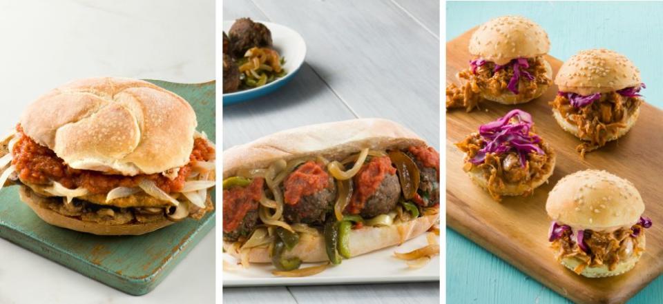 Three items from the YamChops cookbook (left to right): chicken sandwich, meatball sandwich and pulled pork sliders. (Photo: Vincenzo Pistritto/"From the Kitchens of YamChops")