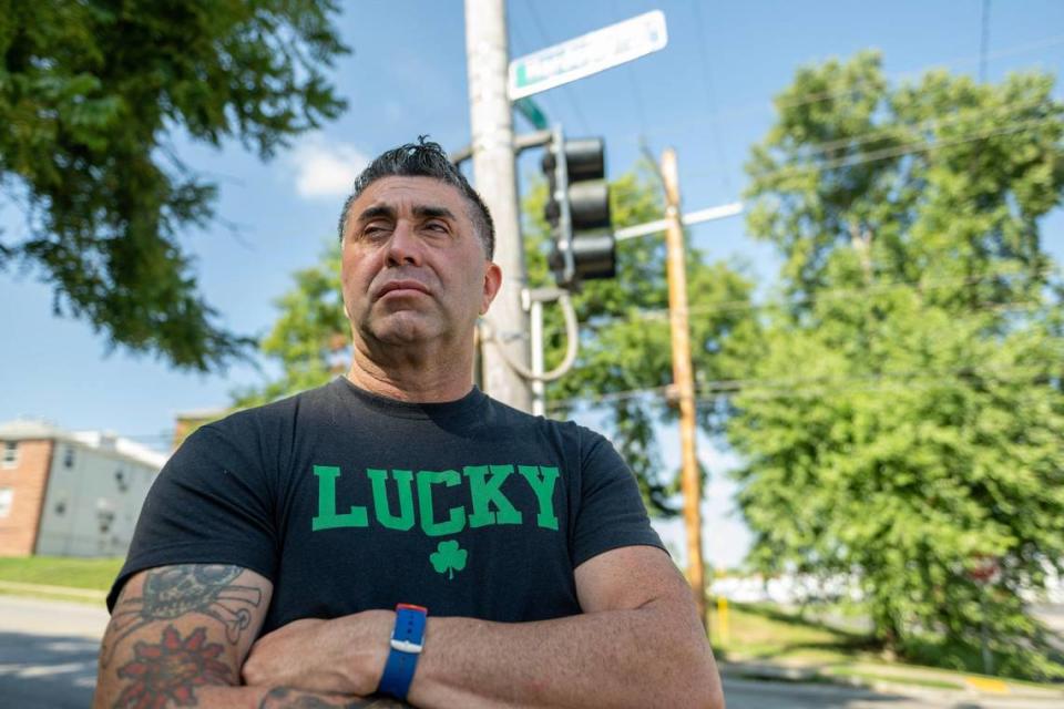 Kansas City firefighter Andy Zuniga is seen near the crash location at East 11th Street and Hardesty Avenue on Aug. 10, 2023. He remained angry at how attorneys for the sheriff’s office tried to blame him for the crash.