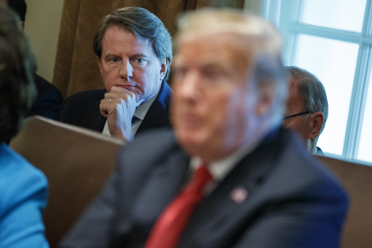 White House counsel Don McGahn looks on as President Trump speaks during a cabinet meeting at the White House, Oct. 17, 2018. (AP Photo/Evan Vucci)  