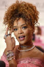Rihanna appeared at Macy's in Brooklyn to launch her latest fragrance with a curly up-do, groomed brows and soft pink lips. Although her look was polarising we totes fell in love with her cutesy hair, makeup and jewellery. Barbie eat your heart out!