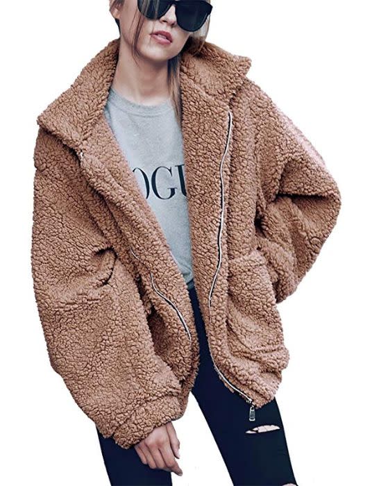 This teddy coat has double-breasted buttons, an oversized collar and lapels with side pockets. It also comes in a ton of colors and zip-up style.&nbsp; <a href="https://amzn.to/32wMwR5" target="_blank" rel="noopener noreferrer"><strong>Find it for $32 on Amazon</strong></a>.