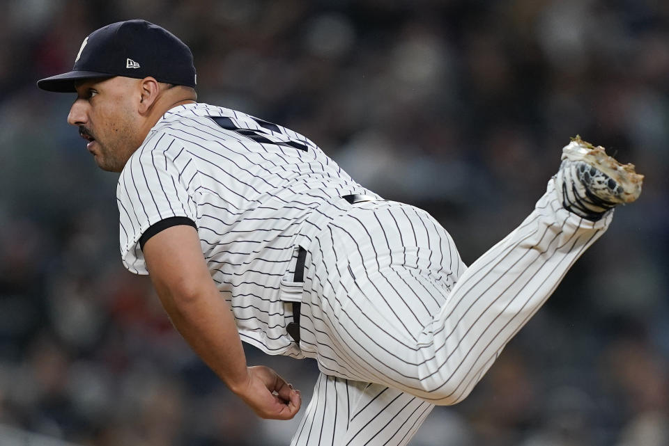 New York Yankees starting pitcher Nestor Cortes delivers against the Houston Astros during the first inning of Game 4 of an American League Championship baseball series, Sunday, Oct. 23, 2022, in New York. (AP Photo/John Minchillo)