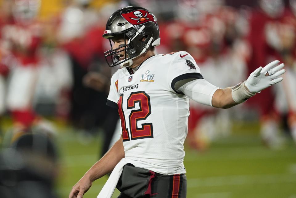 Tampa Bay Buccaneers quarterback Tom Brady reacts after getting stopped at the goal line against the Kansas City Chiefs during the first half of the NFL Super Bowl 55 football game Sunday, Feb. 7, 2021, in Tampa, Fla. (AP Photo/Ashley Landis)