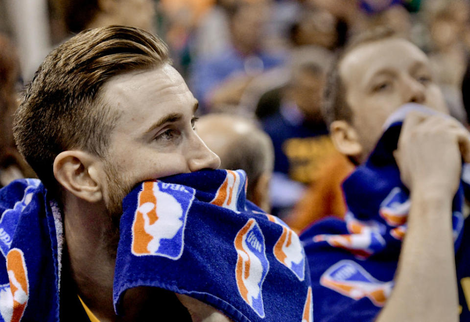 Gordon Hayward sits on the bench as time expires in Utah's season-ending 121-95 loss to the Warriors in Game 4 of the 2017 Western Conference Semifinals. (Gene Sweeney Jr/Getty Images)