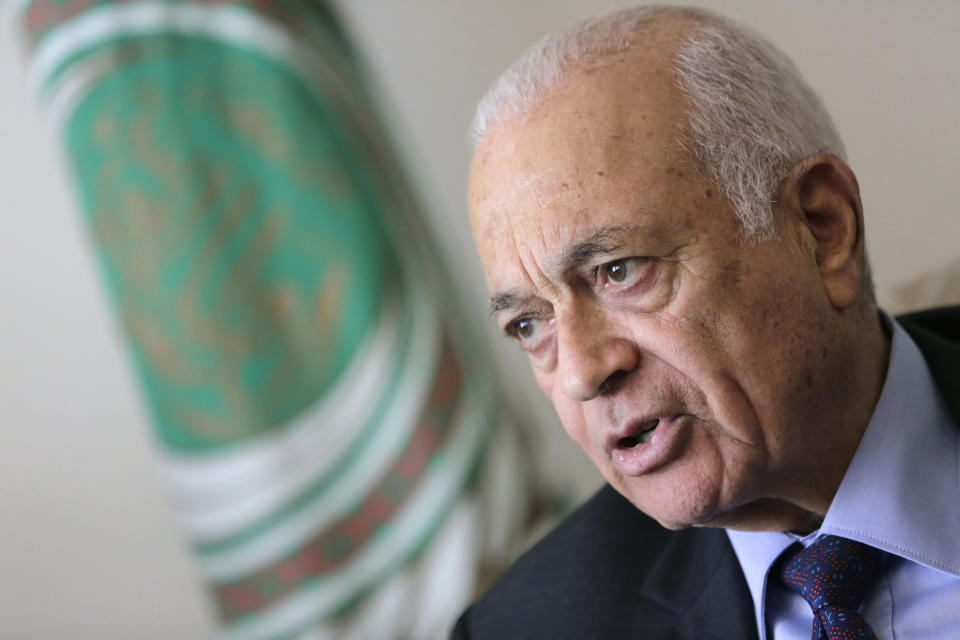 Arab League Secretary-General Nabil Elaraby speaks during an interview with the Associated Press, in Cairo, Egypt, Thursday, April 10, 2014. The head of the Arab League said Thursday he is confident that Israel and the Palestinians soon will resolve a crisis over the release of long-held Palestinian prisoners and extend their U.S.-brokered peace talks beyond an April deadline. Elaraby told The Associated Press that the April 29 deadline would be extended “for months” and rejected the idea that the talks have failed to make progress. (AP Photo/Hassan Ammar)