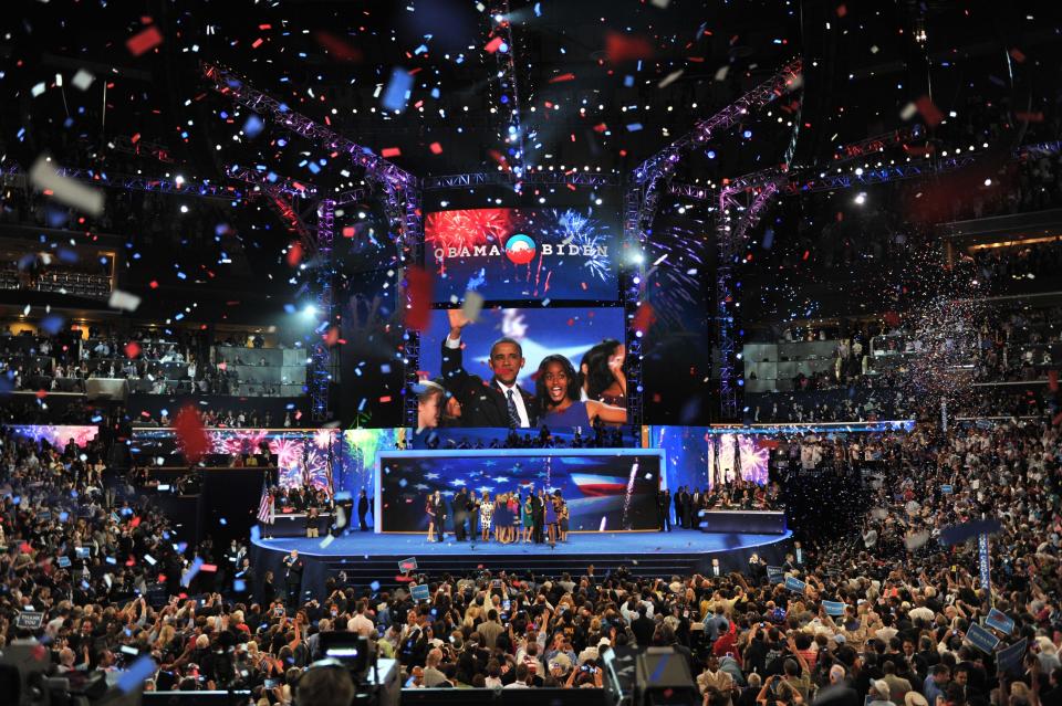 Balloons drop on the Obama and Biden families at the 2012 Democratic National Convention.