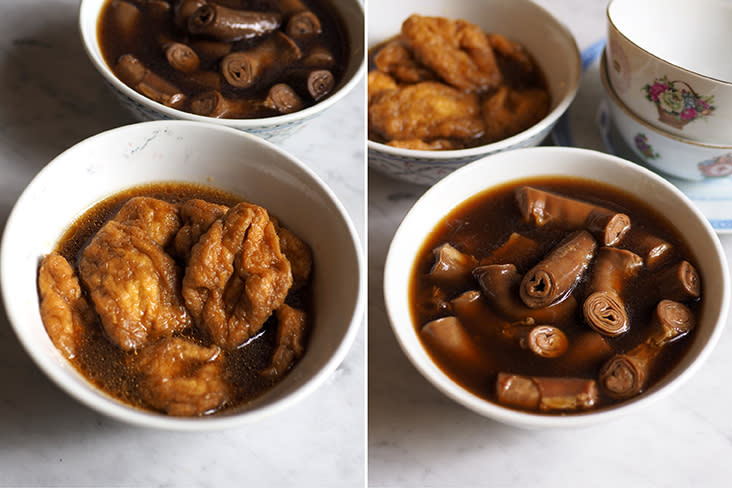 The braised beancurd puffs are delicious with the soy sauce (left). Their signature braised pig's intestines are nicely layered and have a slight chewy texture (right)