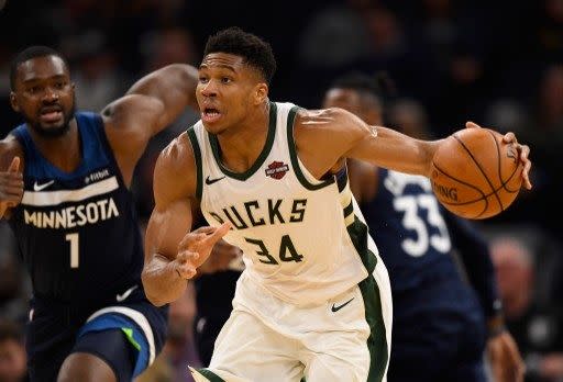 阿德托昆博(Antetokounmpo)的禁區強打，老鷹很難有所限制。法新社