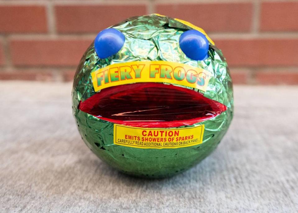 “Fiery Frogs” sits on the ground before testing on Monday. This Phantom Fireworks fountain had crackle, glitter, spray, star and strobe effects.