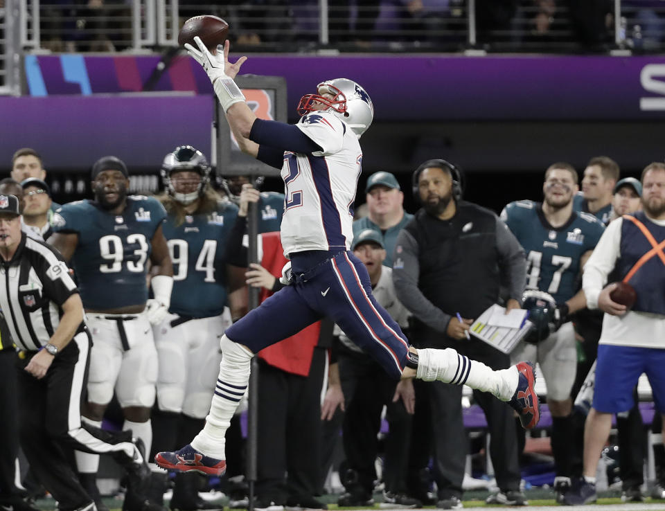 Making jokes: New England Patriots quarterback Tom Brady joked about this near-miss catch from Super Bowl LII on Twitter. (AP) 
