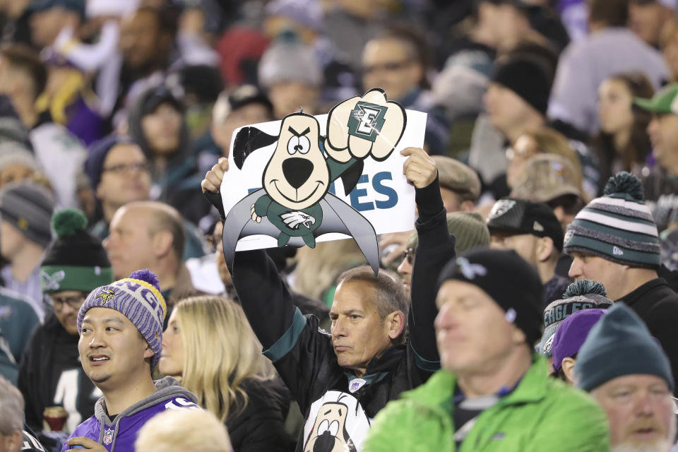 A fan holds a sign during the NFC championship NFL football game between the Philadelphia Eagles and the Minnesota Vikings on Sunday, Jan. 21, 2018, in Philadelphia. (AP)