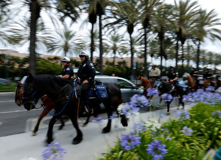 Police in riot gear and on horseback travel gallop next to Disneyland as they deal with a group of protesters near the convention center where U.S. Republican presidential candidate Donald Trump was holding a campaign rally in Anaheim, California, United States May 25, 2016. REUTERS/Mike Blake