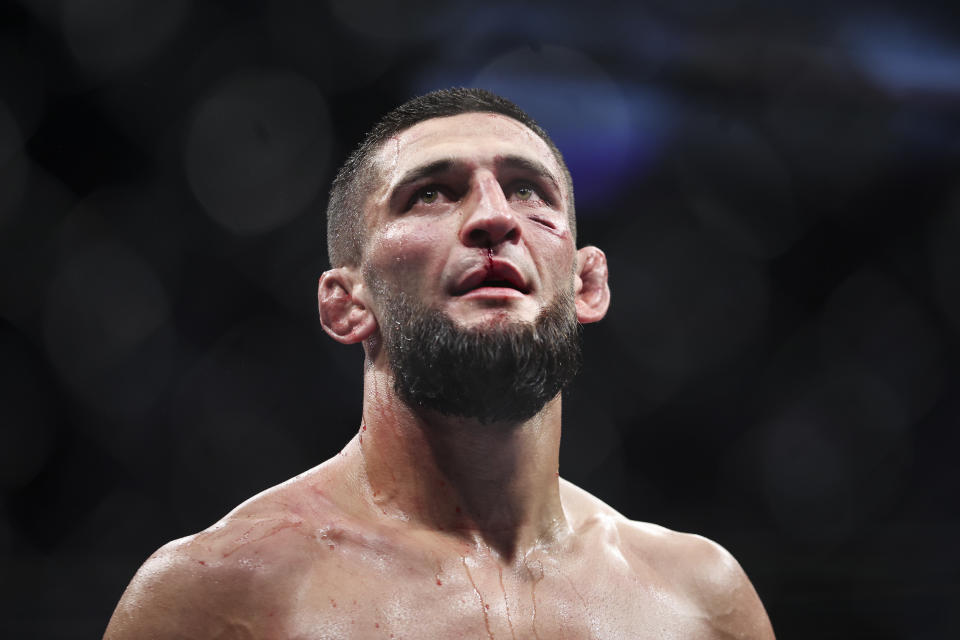 JACKSONVILLE, FLORIDA - APRIL 09: Khamzat Chimaev of Russia looks on after his welterweight fight against Gilbert Burns of Brazil during the UFC 273 event at VyStar Veterans Memorial Arena on April 09, 2022 in Jacksonville, Florida. (Photo by James Gilbert/Getty Images)