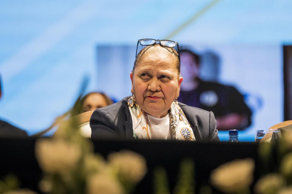 ARCHIVO - La fiscal general guatemalteca, Consuelo Porras, rinde su informe anual en Ciudad de Guatemala, el 17 de mayo de 2023. Como titular de la iniciativa penal, Porras es la cabeza de la Fiscalía General de Guatemala. (AP Foto/Moisés Castillo, Archivo)